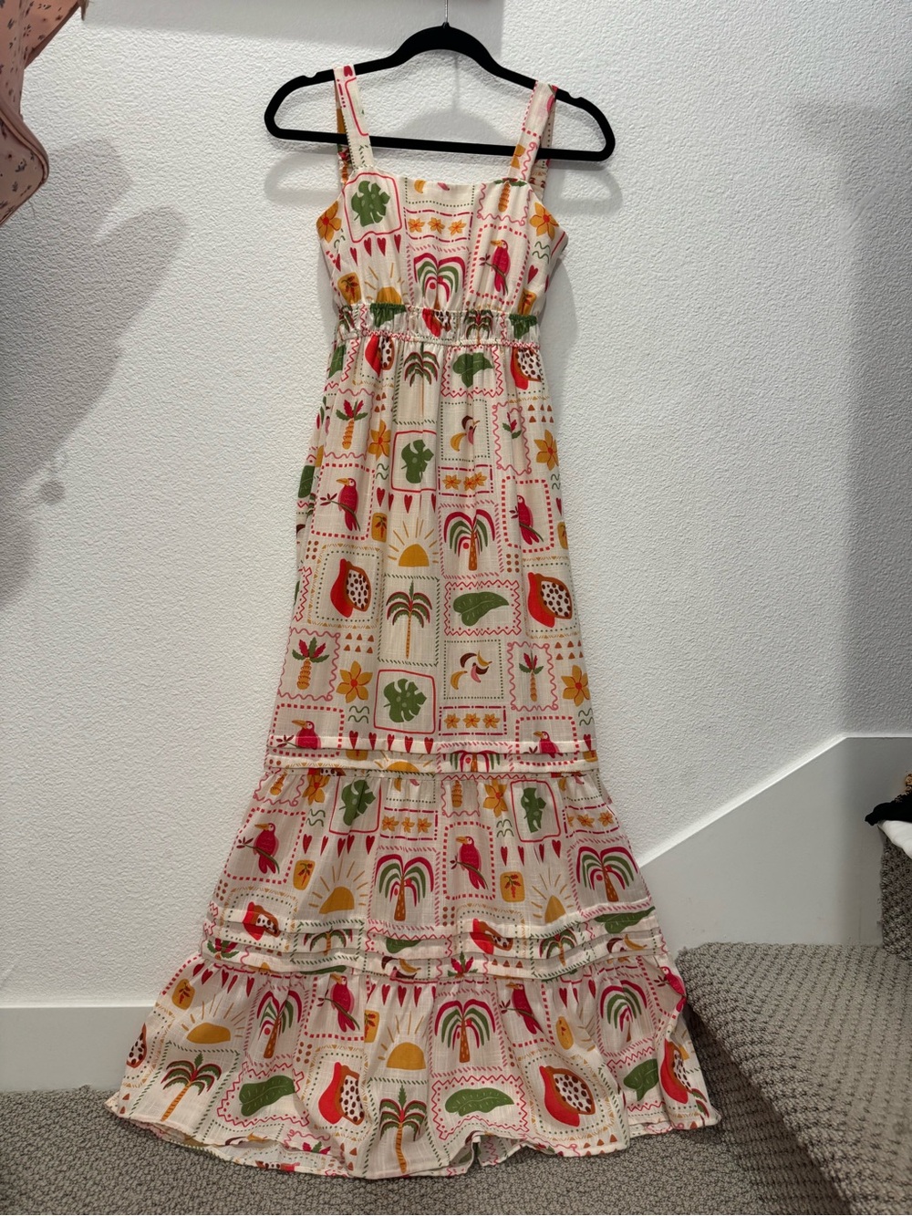 Tropical postcard-print maxi dress w/ smocked bodice & vibrant tiers